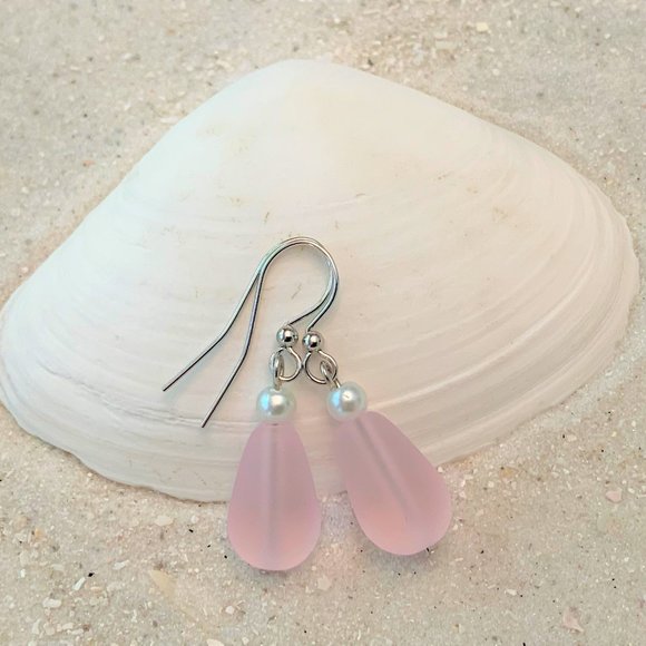Sea Glass Earrings Pink Dangle with Pearls Women Girls Beach Jewelry Gift - Picture 6 of 7
